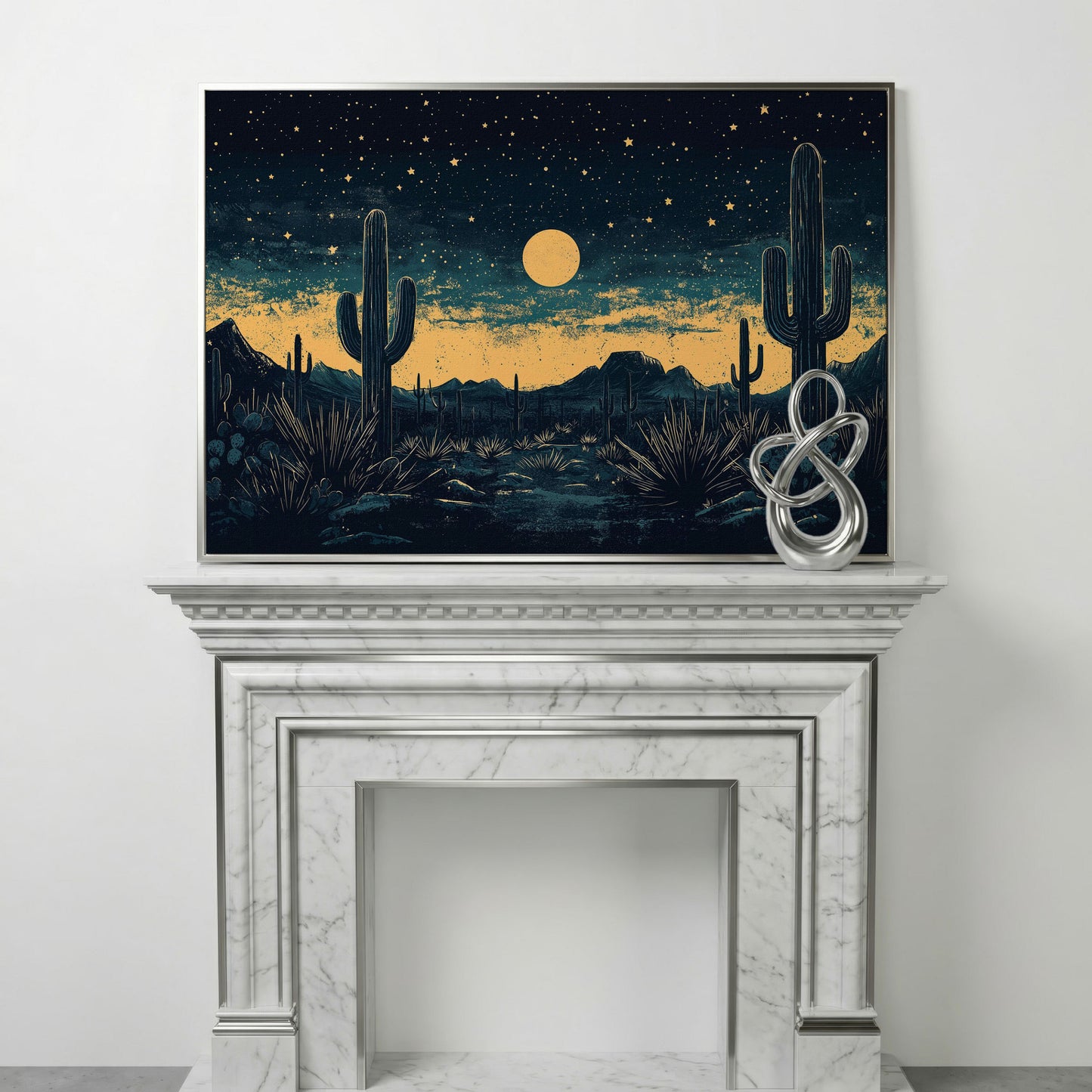 Sonoran Desert Night Sky Canvas Art with Cacti and Full Moon in silver floating frame