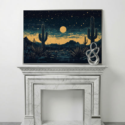 Sonoran Desert Night Sky Canvas Art with Cacti and Full Moon in silver floating frame