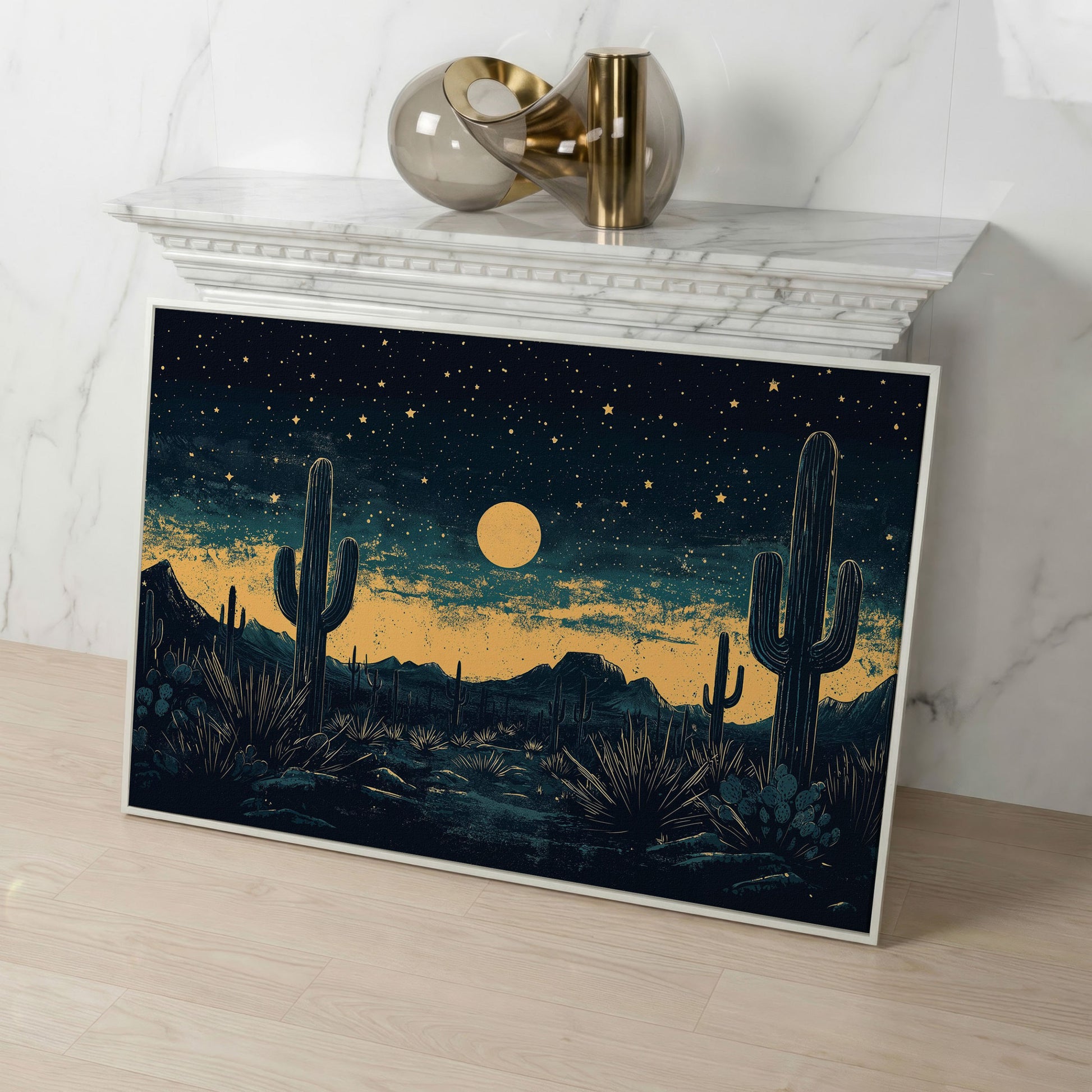 Sonoran Desert Night Sky Canvas Art with Cacti and Full Moon in white floating frame