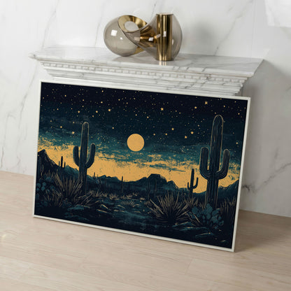 Sonoran Desert Night Sky Canvas Art with Cacti and Full Moon in white floating frame