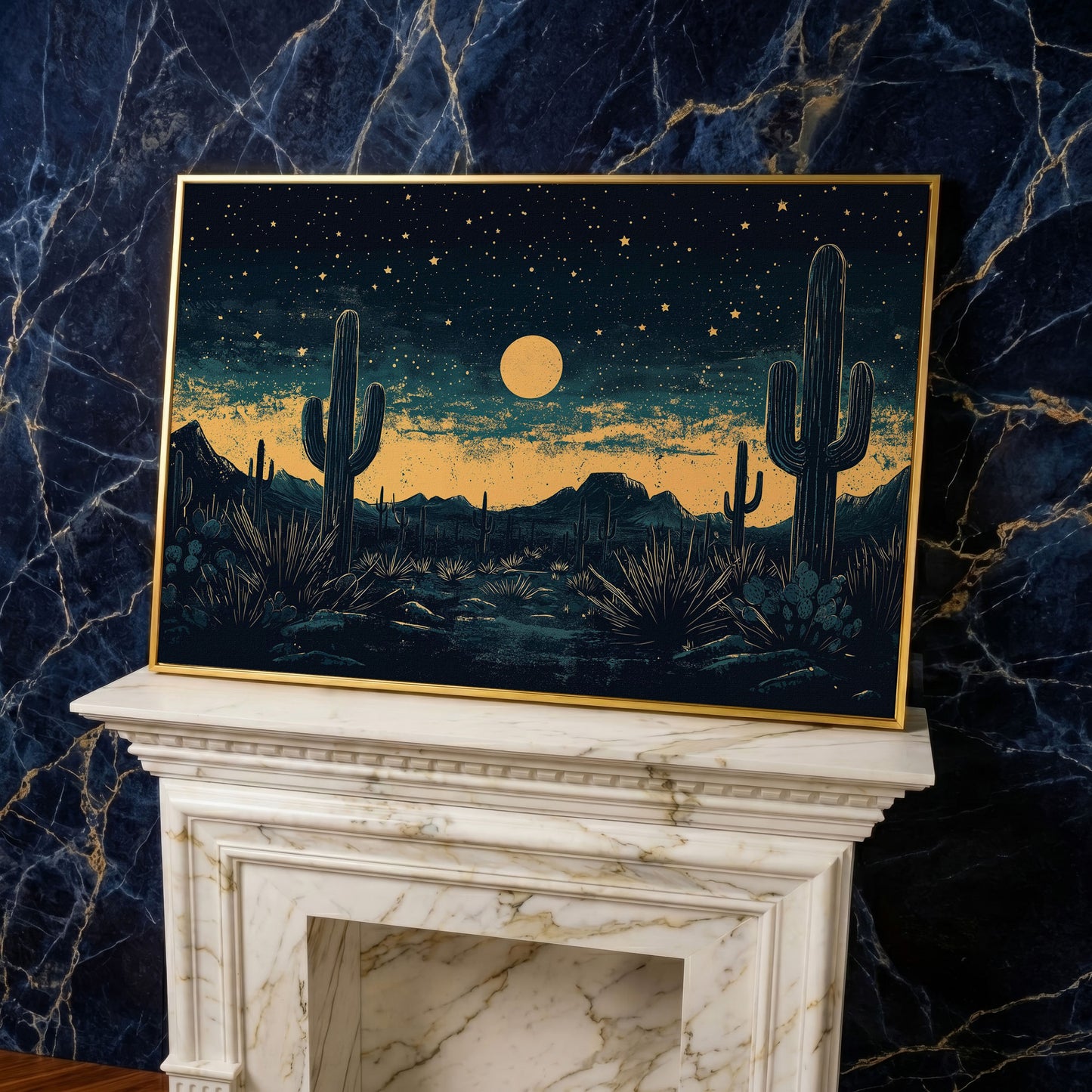 Sonoran Desert Night Sky Canvas Art with Cacti and Full Moon in yellow gold floating frame