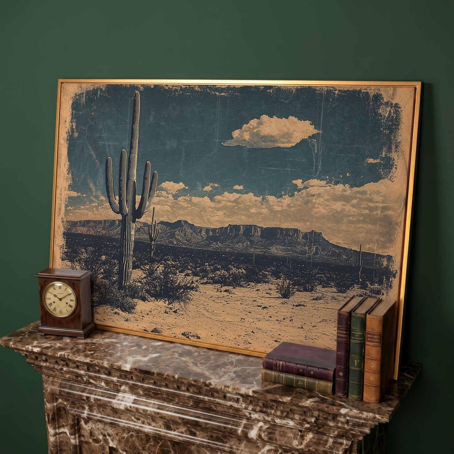 Saguaro Cactus Desert Landscape Canvas Wall Art in antique gold floating frame