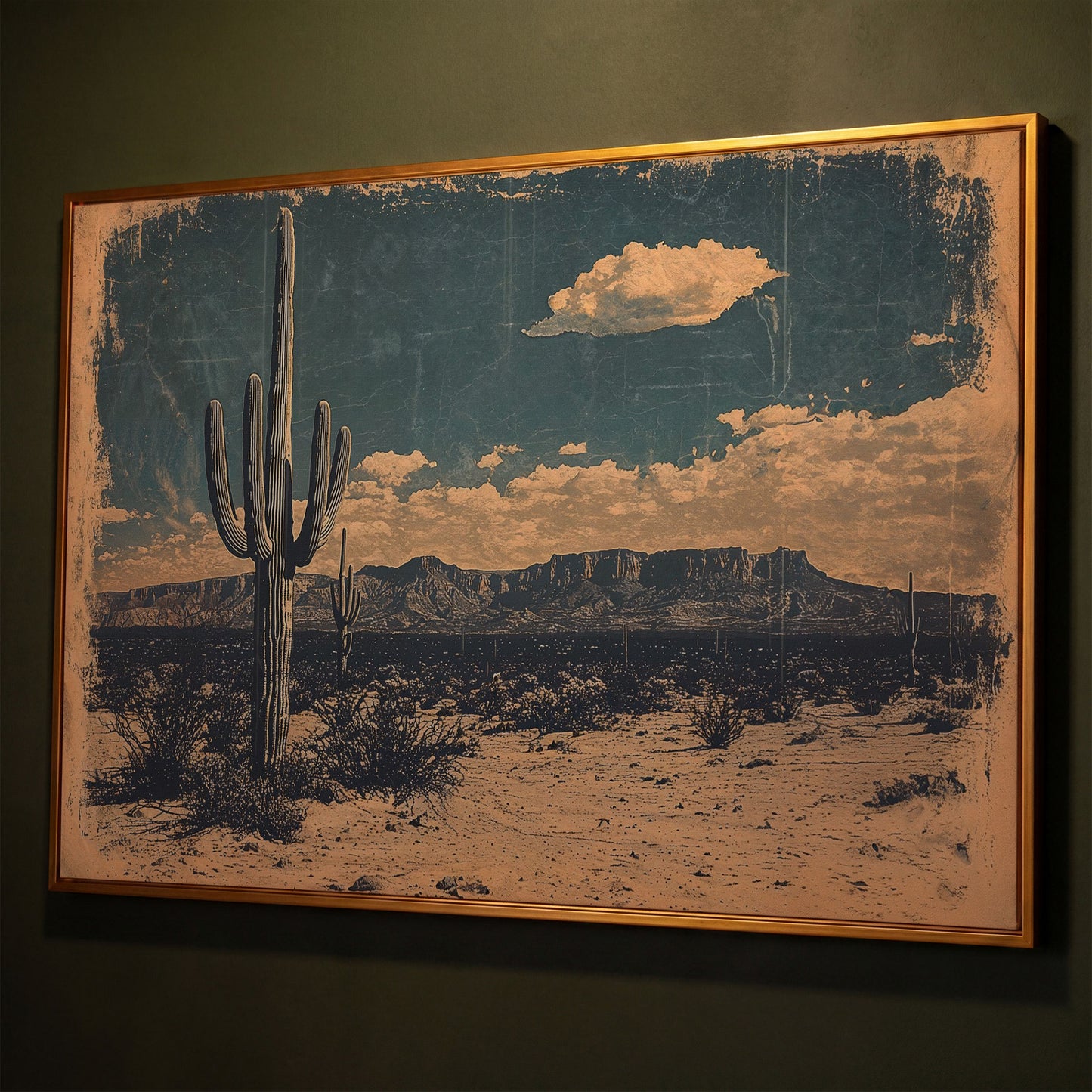 Saguaro Cactus Desert Landscape Canvas Wall Art shown in antique gold floating frame