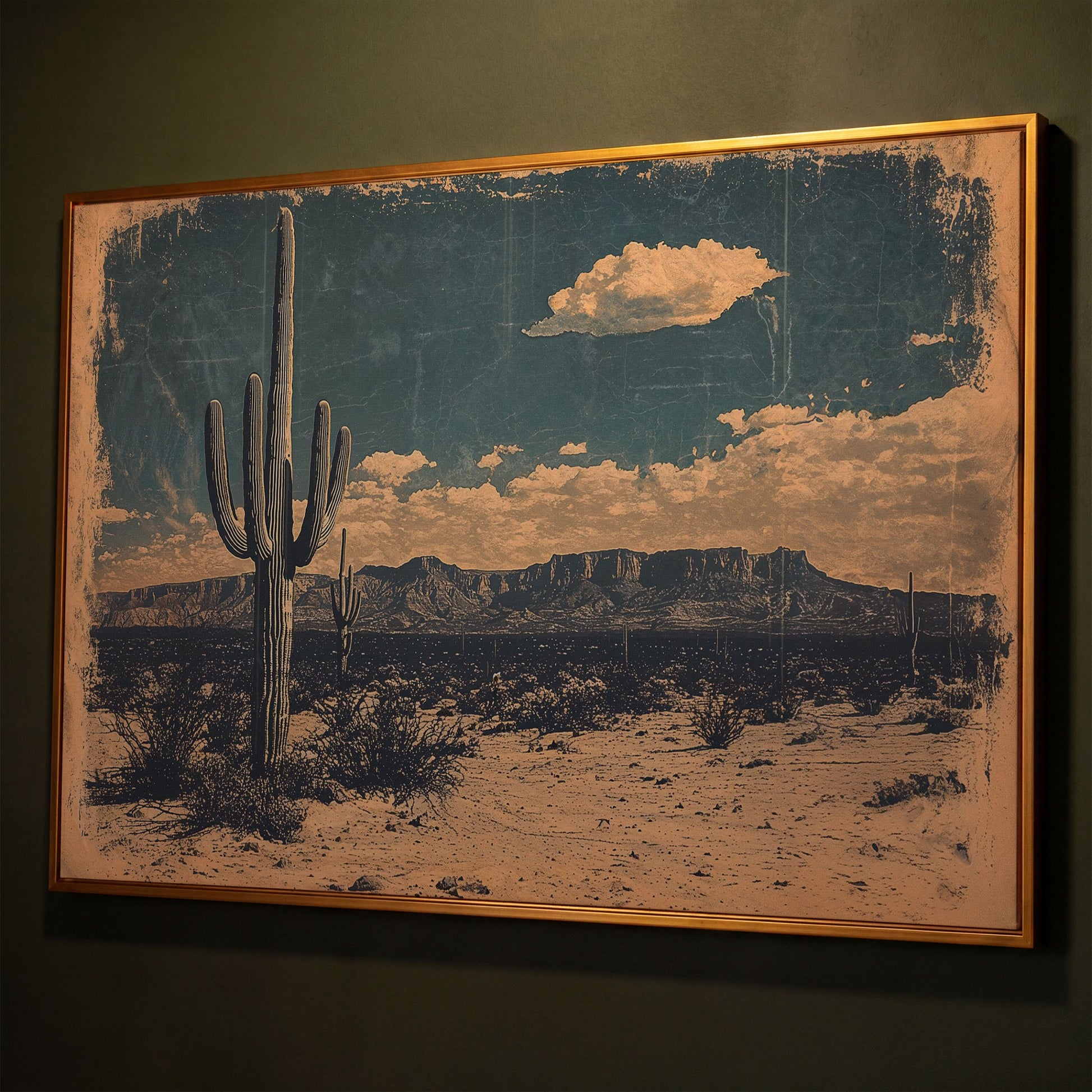 Saguaro Cactus Desert Landscape Canvas Wall Art shown in antique gold floating frame