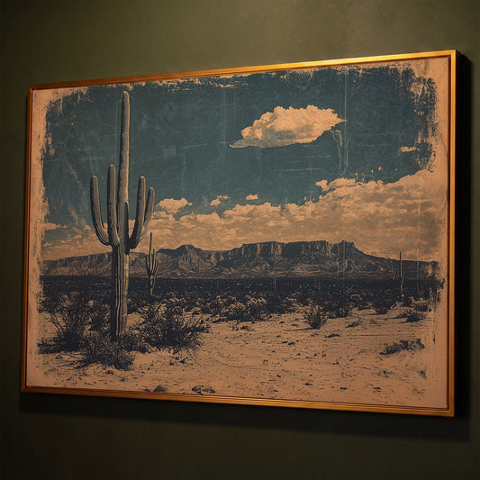 Saguaro Cactus Desert Landscape Canvas Wall Art shown in antique gold floating frame