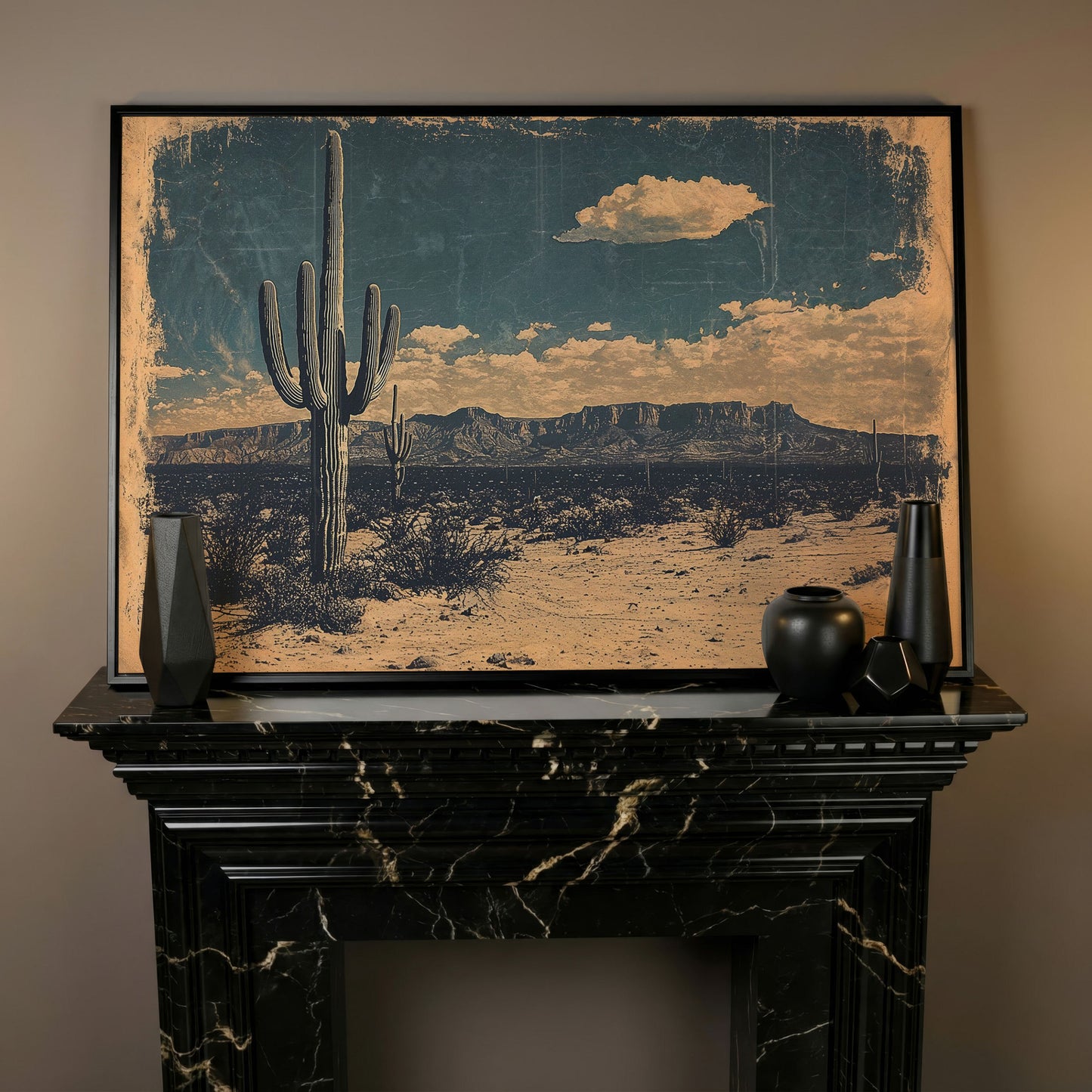 Saguaro Cactus Desert Landscape Canvas Wall Art in black floating frame