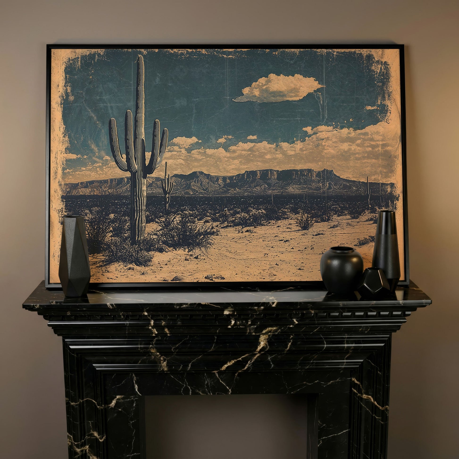 Saguaro Cactus Desert Landscape Canvas Wall Art in black floating frame