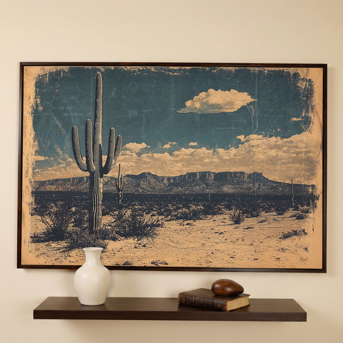 Saguaro Cactus Desert Landscape Canvas Wall Art in dark walnut floating frame