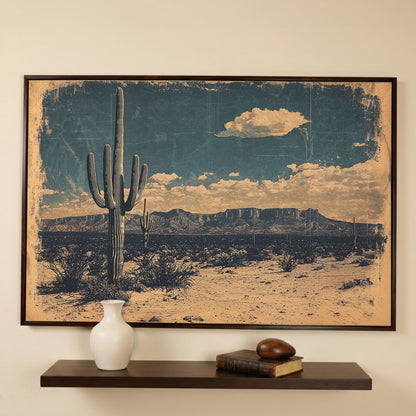 Saguaro Cactus Desert Landscape Canvas Wall Art in dark walnut floating frame