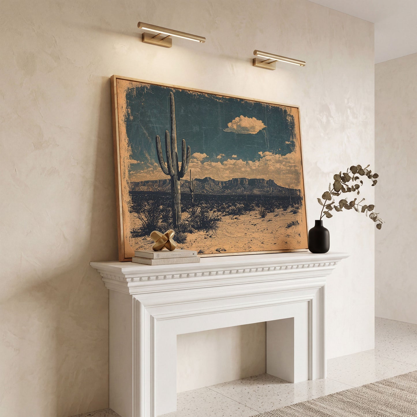 Saguaro Cactus Desert Landscape Canvas Wall Art in white oak floating frame