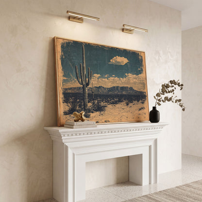 Saguaro Cactus Desert Landscape Canvas Wall Art in white oak floating frame