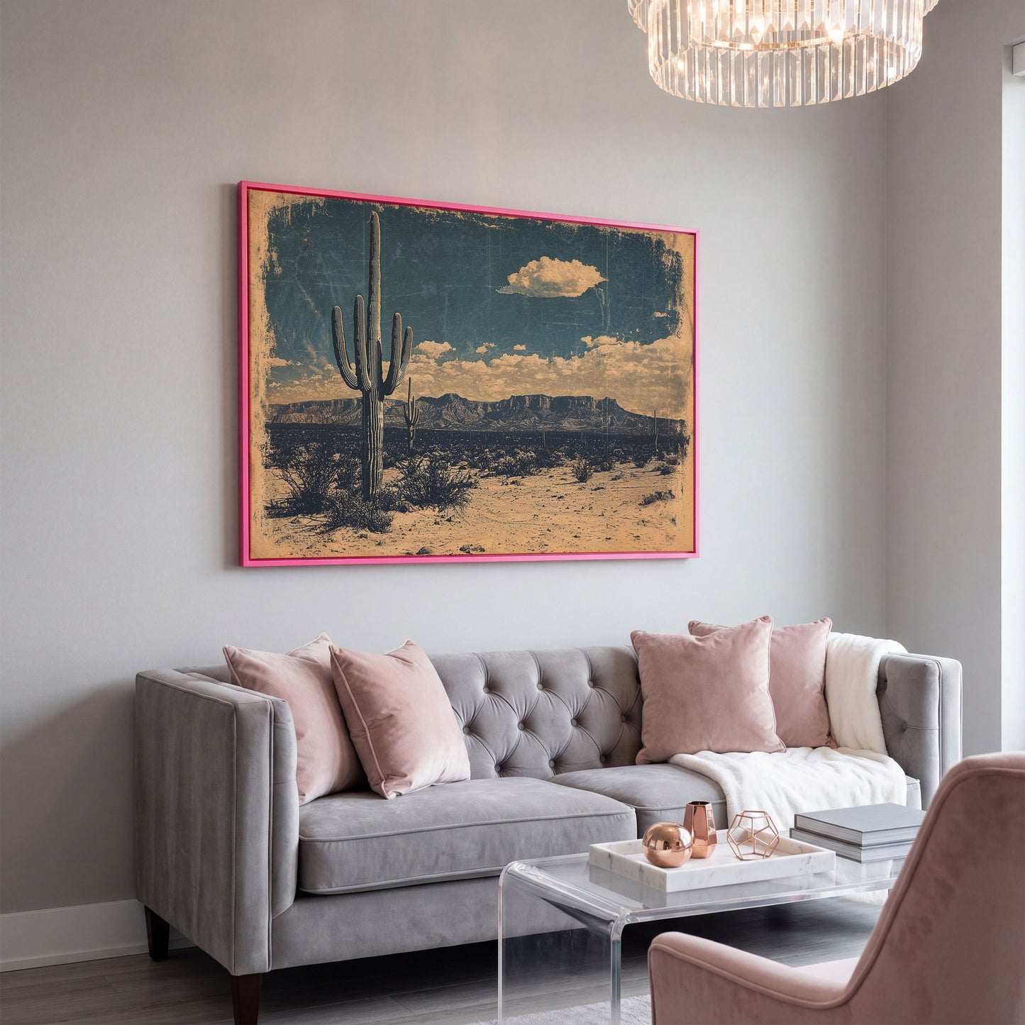 Saguaro Cactus Desert Landscape Canvas Wall Art in pink floating frame