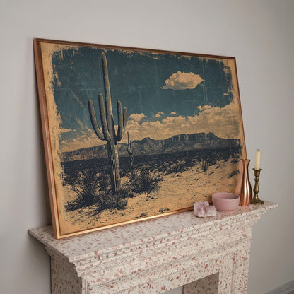 Saguaro Cactus Desert Landscape Canvas Wall Art in rose gold floating frame