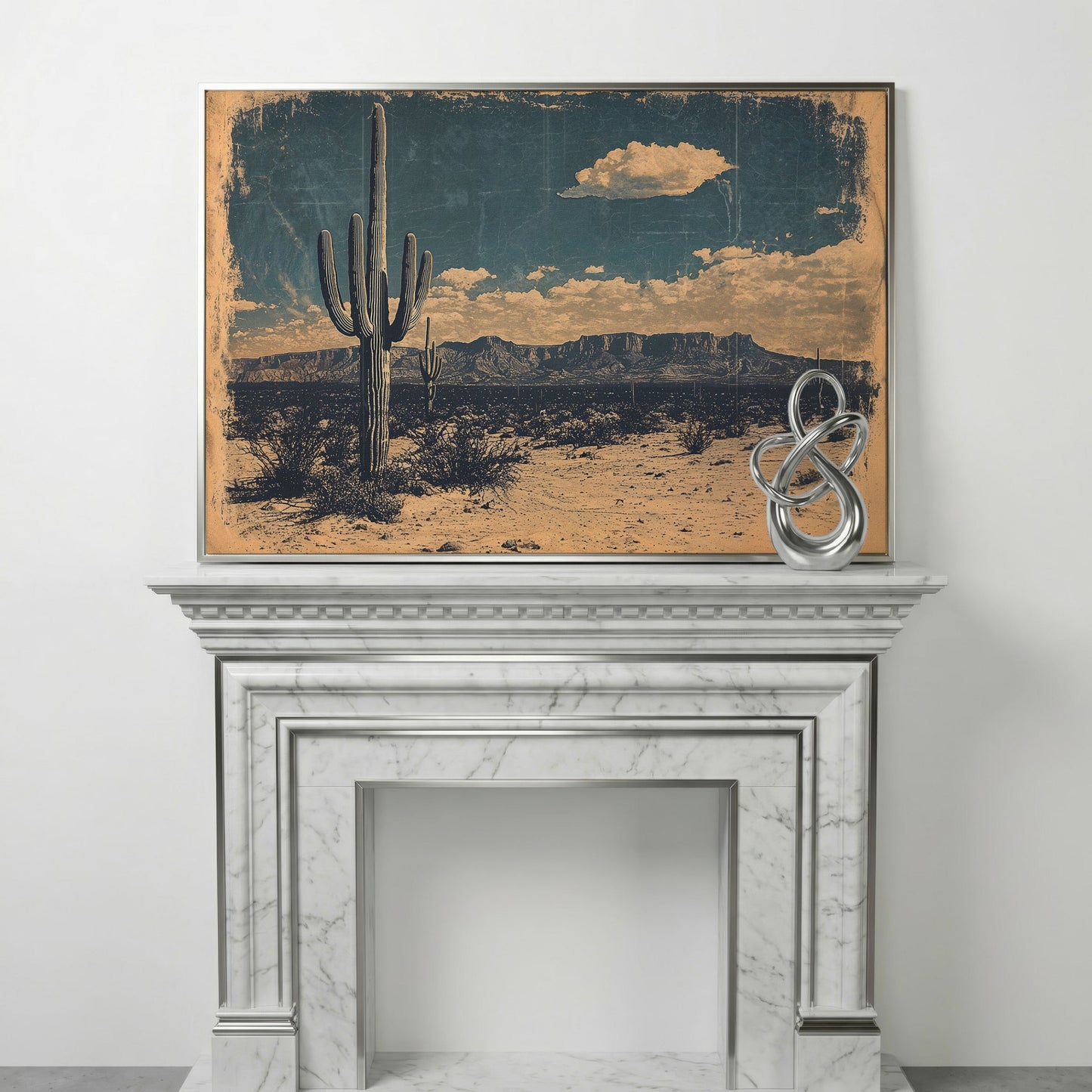 Saguaro Cactus Desert Landscape Canvas Wall Art in silver floating frame