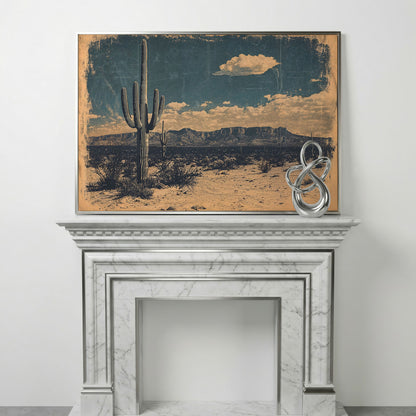 Saguaro Cactus Desert Landscape Canvas Wall Art in silver floating frame