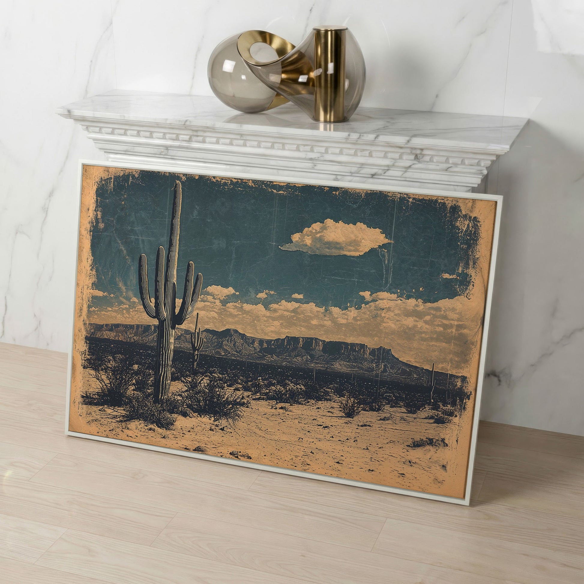 Saguaro Cactus Desert Landscape Canvas Wall Art in white floating frame