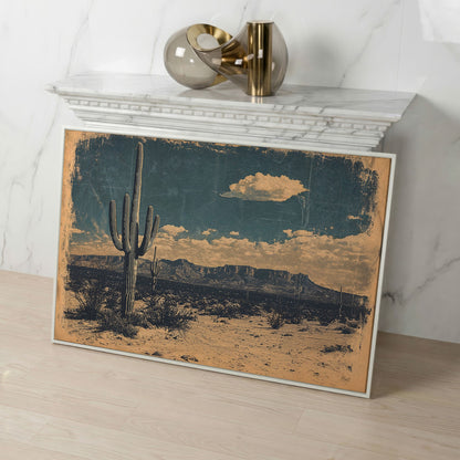 Saguaro Cactus Desert Landscape Canvas Wall Art in white floating frame