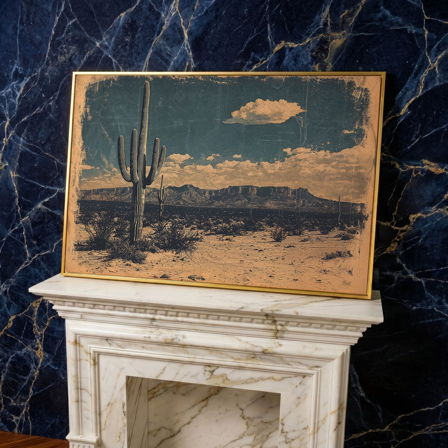 Saguaro Cactus Desert Landscape Canvas Wall Art in yellow gold floating frame