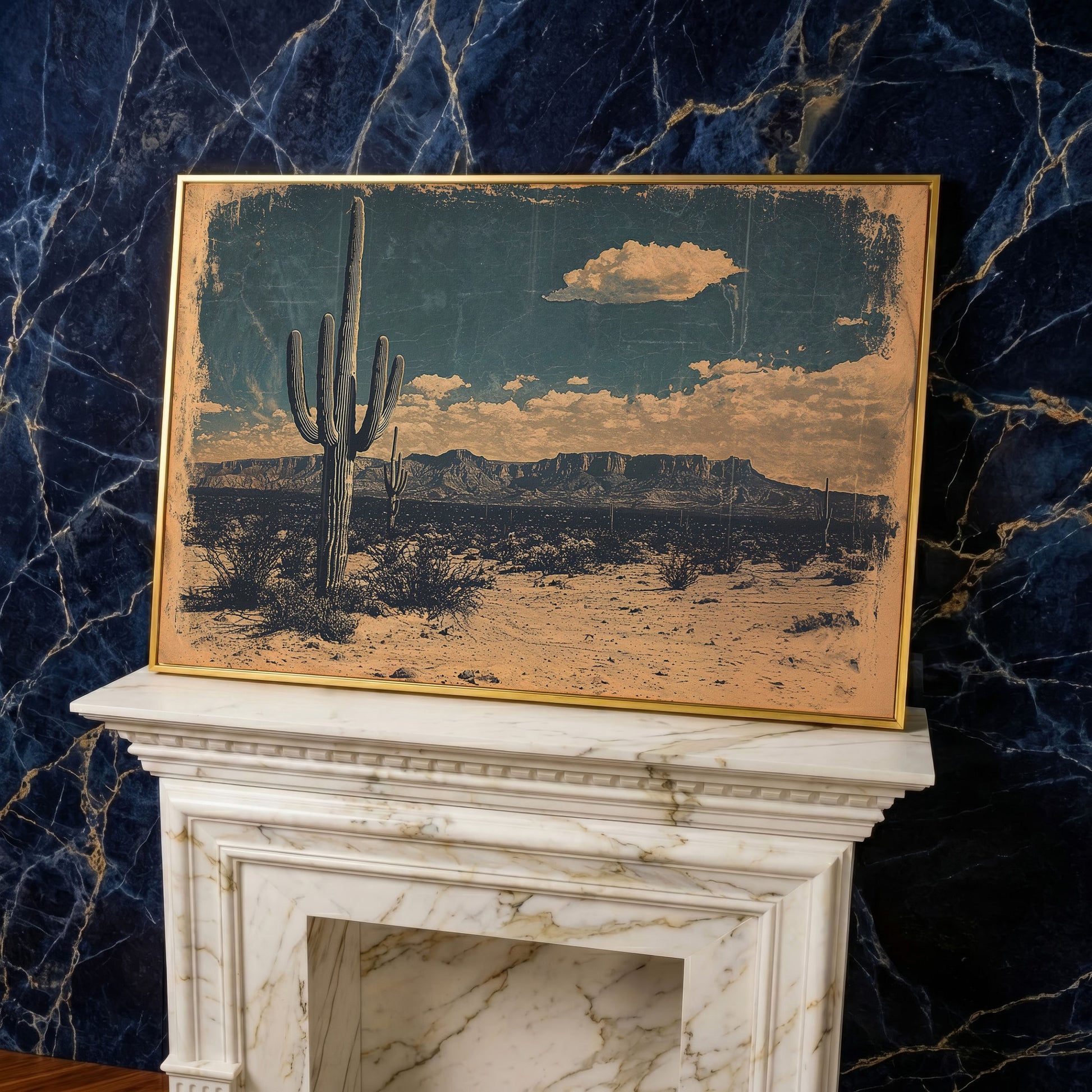 Saguaro Cactus Desert Landscape Canvas Wall Art in yellow gold floating frame
