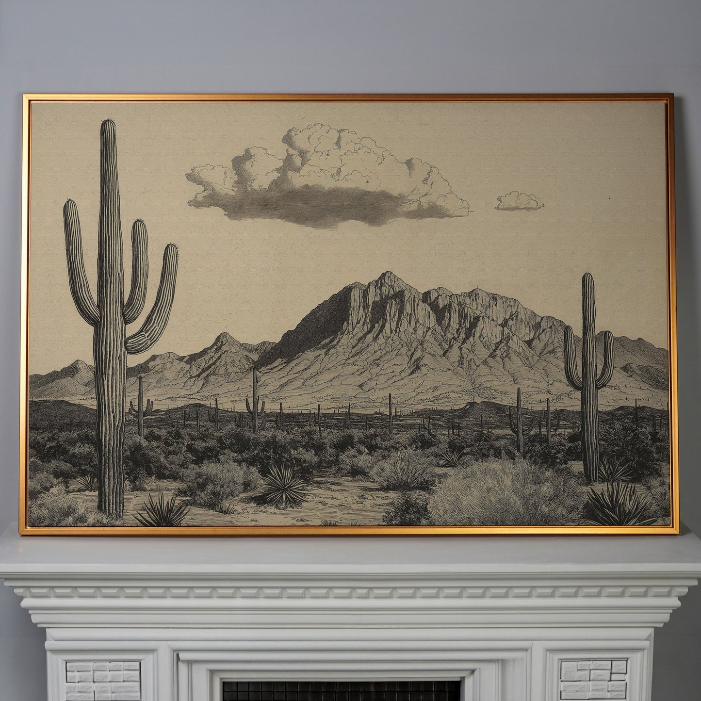 Sonoran Desert Saguaro Landscape Canvas Wall Art in antique gold floating frame