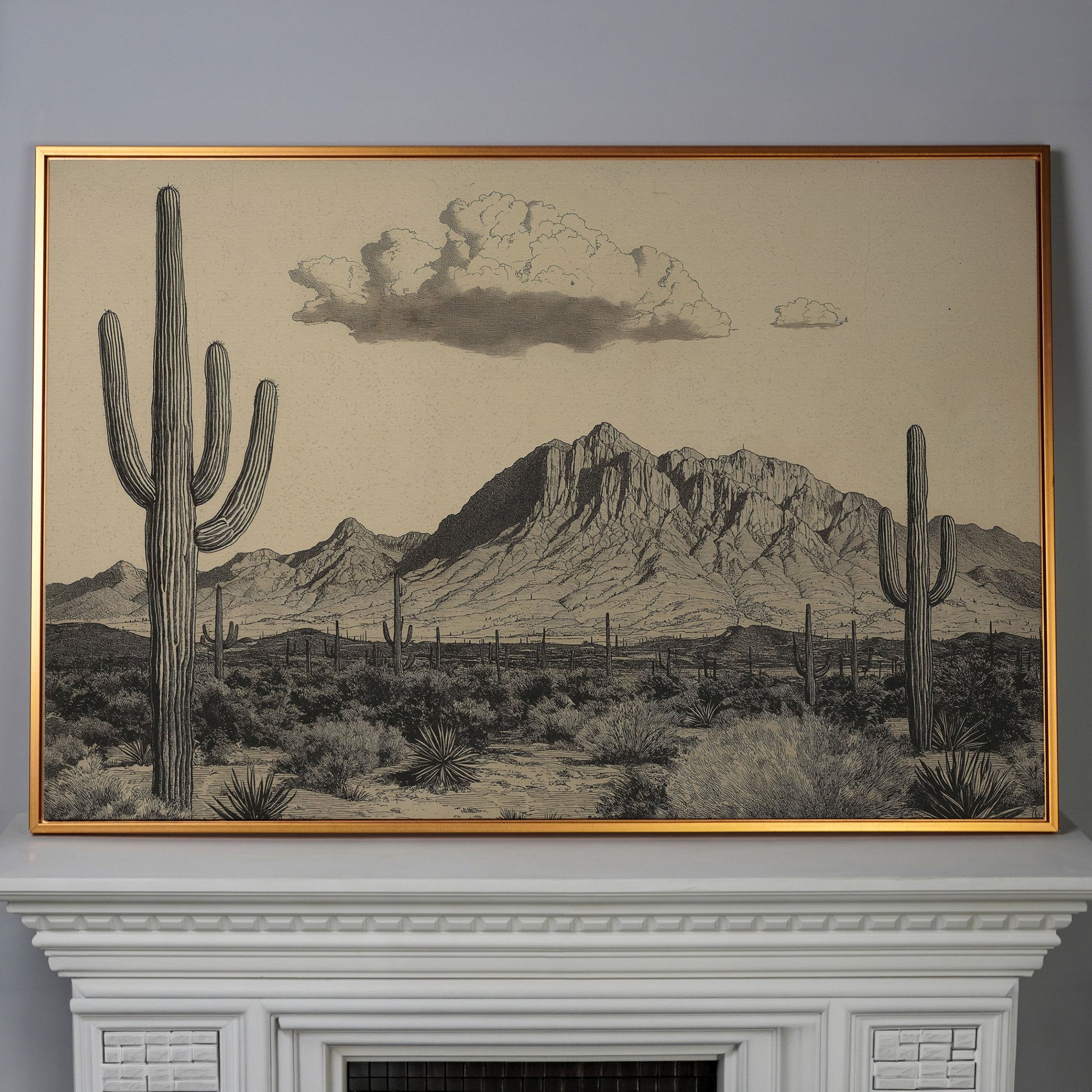 Sonoran Desert Saguaro Landscape Canvas Wall Art in antique gold floating frame