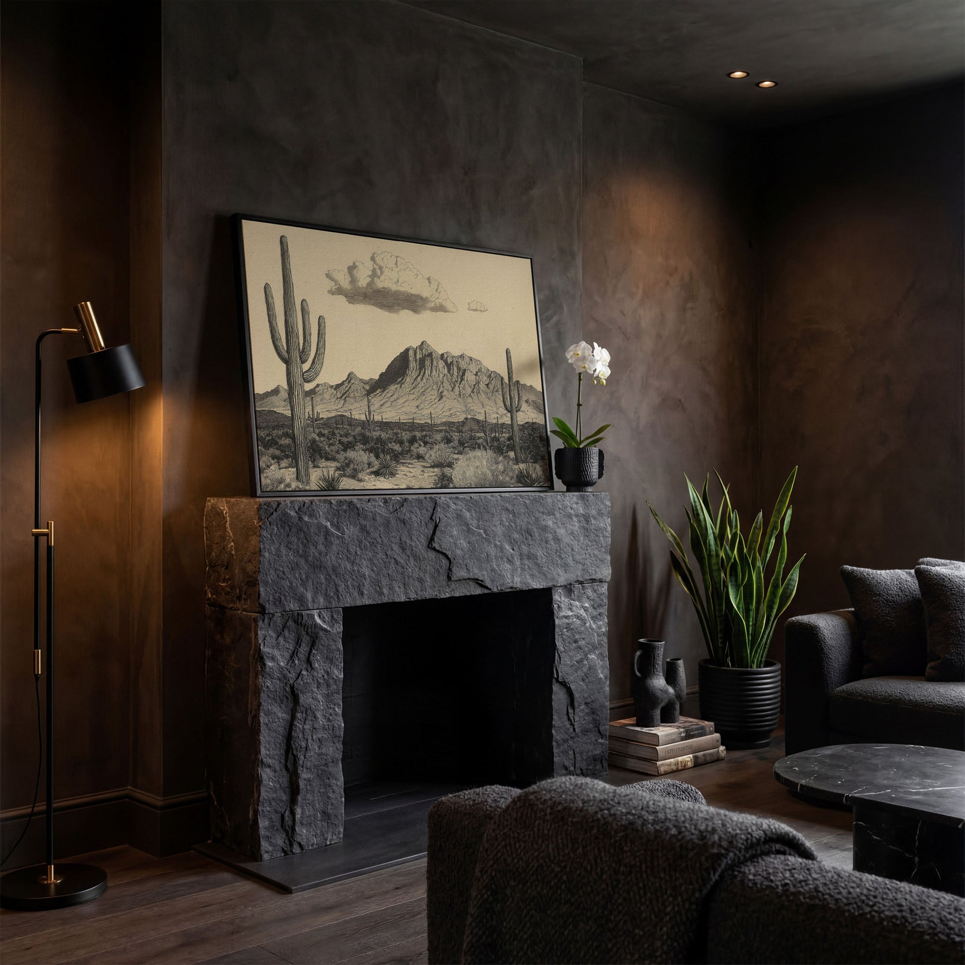 Sonoran Desert Saguaro Landscape Canvas Wall Art in black floating frame