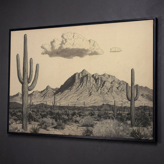 Sonoran Desert Saguaro Landscape Canvas Wall Art shown in black floating frame