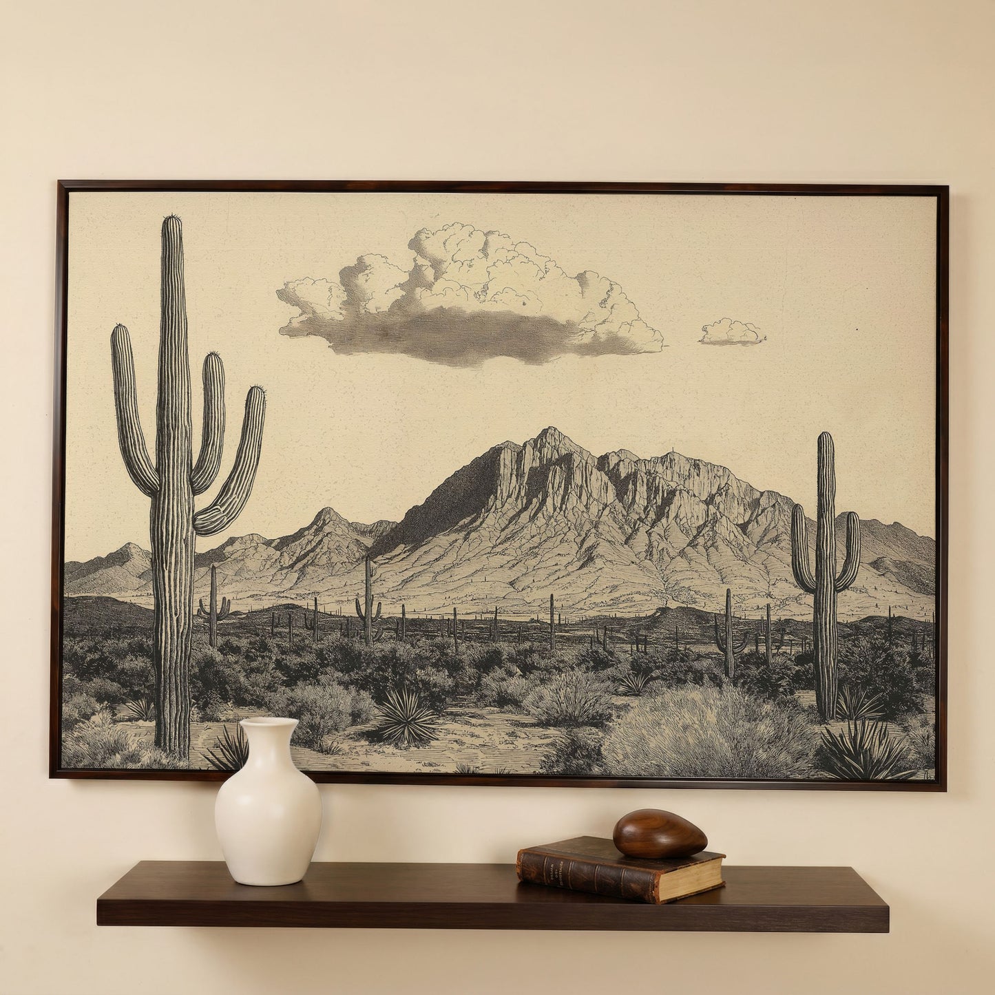 Sonoran Desert Saguaro Landscape Canvas Wall Art in dark walnut floating frame