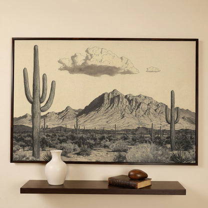 Sonoran Desert Saguaro Landscape Canvas Wall Art in dark walnut floating frame