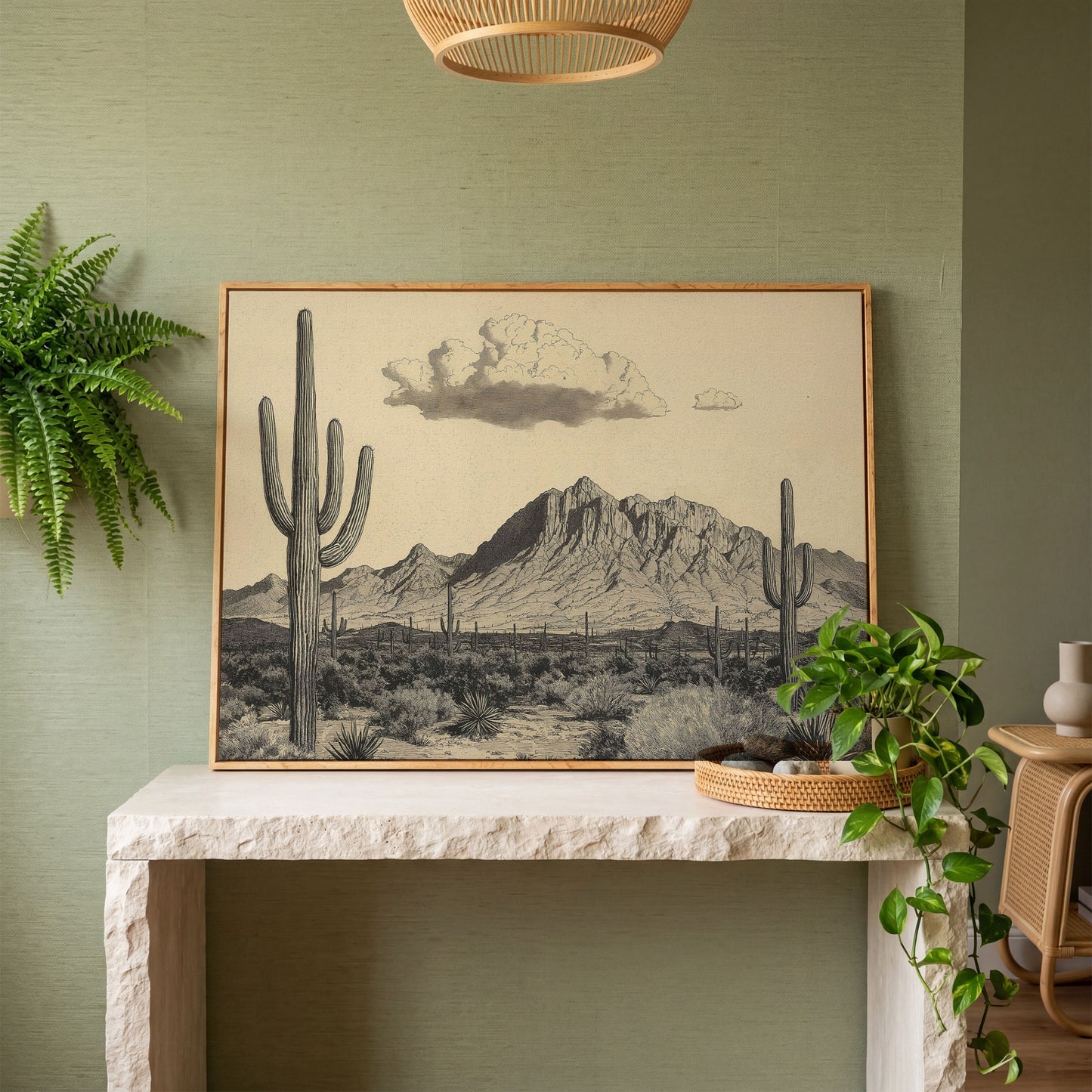 Sonoran Desert Saguaro Landscape Canvas Wall Art in white oak floating frame