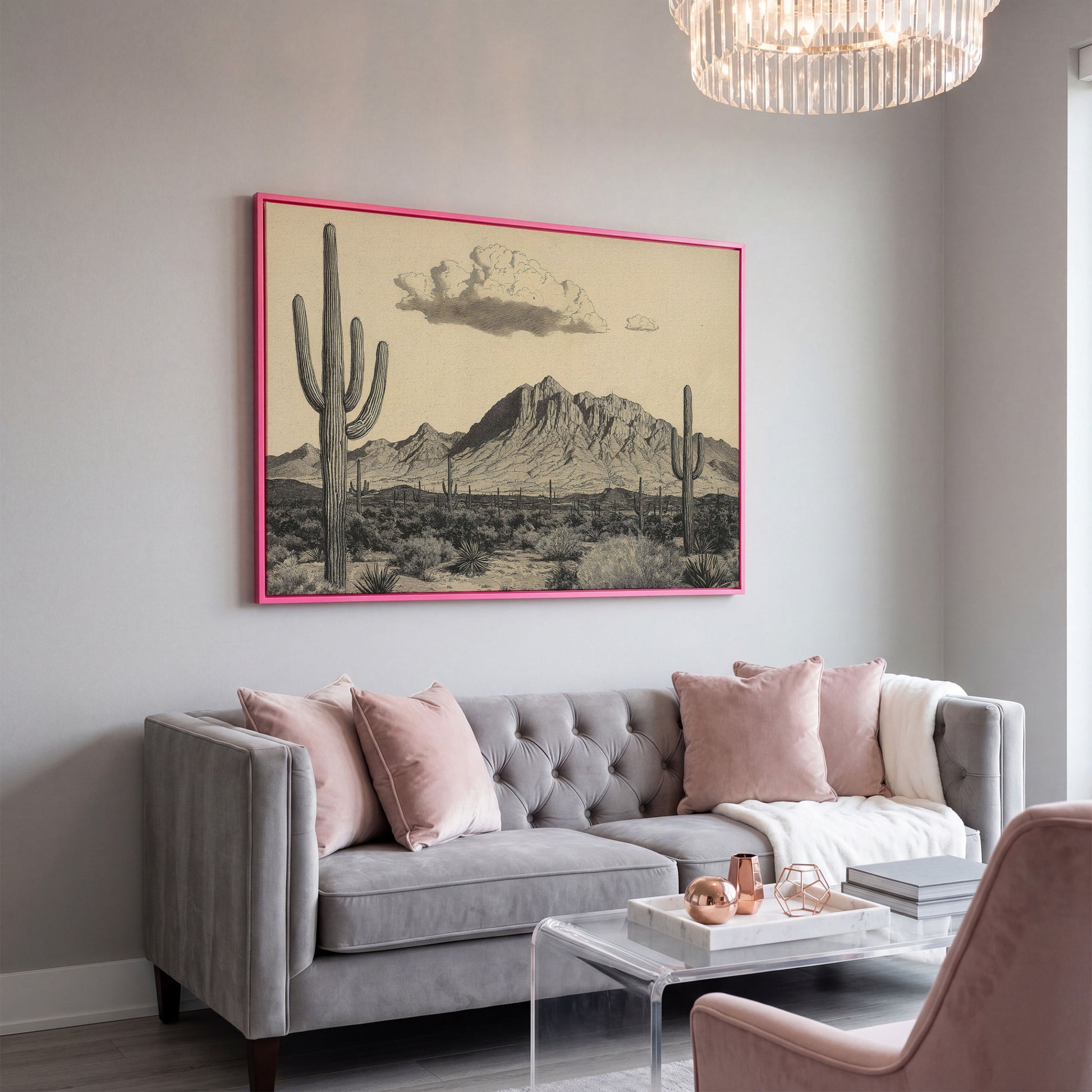Sonoran Desert Saguaro Landscape Canvas Wall Art in pink floating frame