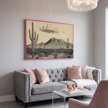 Sonoran Desert Saguaro Landscape Canvas Wall Art in pink floating frame
