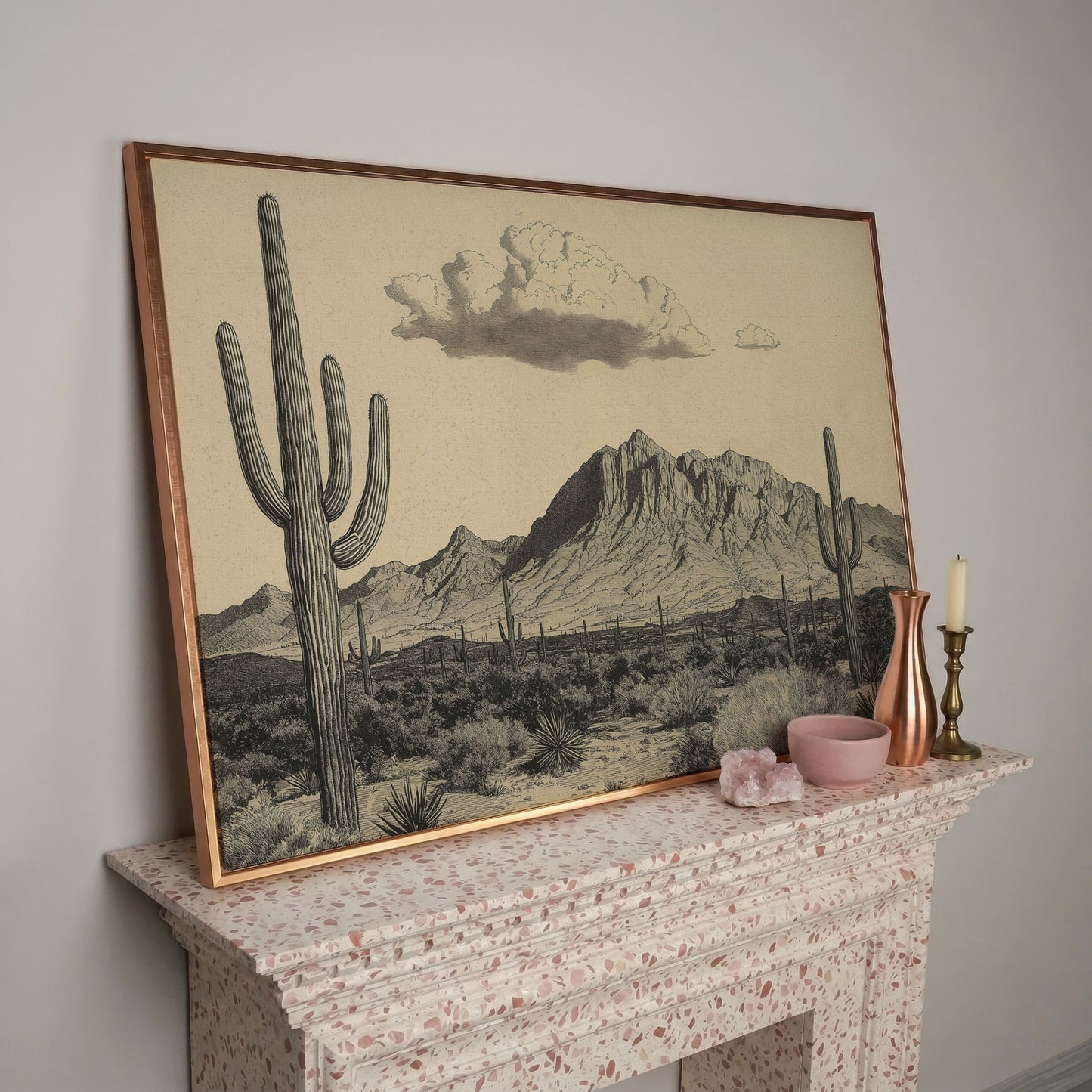 Sonoran Desert Saguaro Landscape Canvas Wall Art in rose gold floating frame