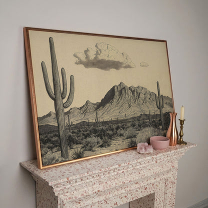 Sonoran Desert Saguaro Landscape Canvas Wall Art in rose gold floating frame
