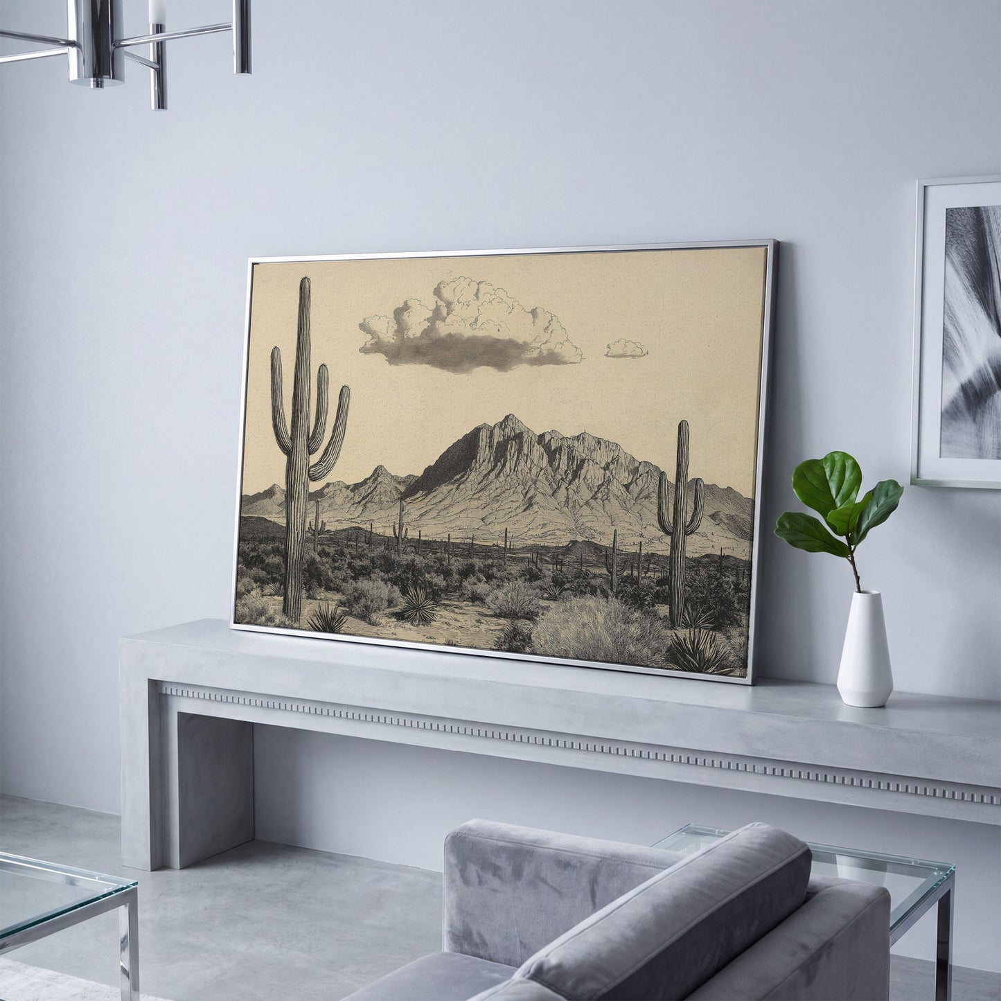 Sonoran Desert Saguaro Landscape Canvas Wall Art in silver floating frame