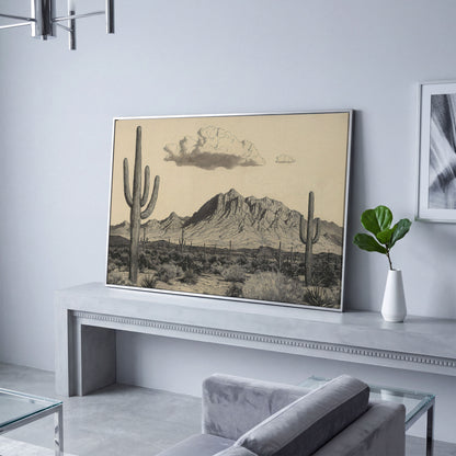 Sonoran Desert Saguaro Landscape Canvas Wall Art in silver floating frame