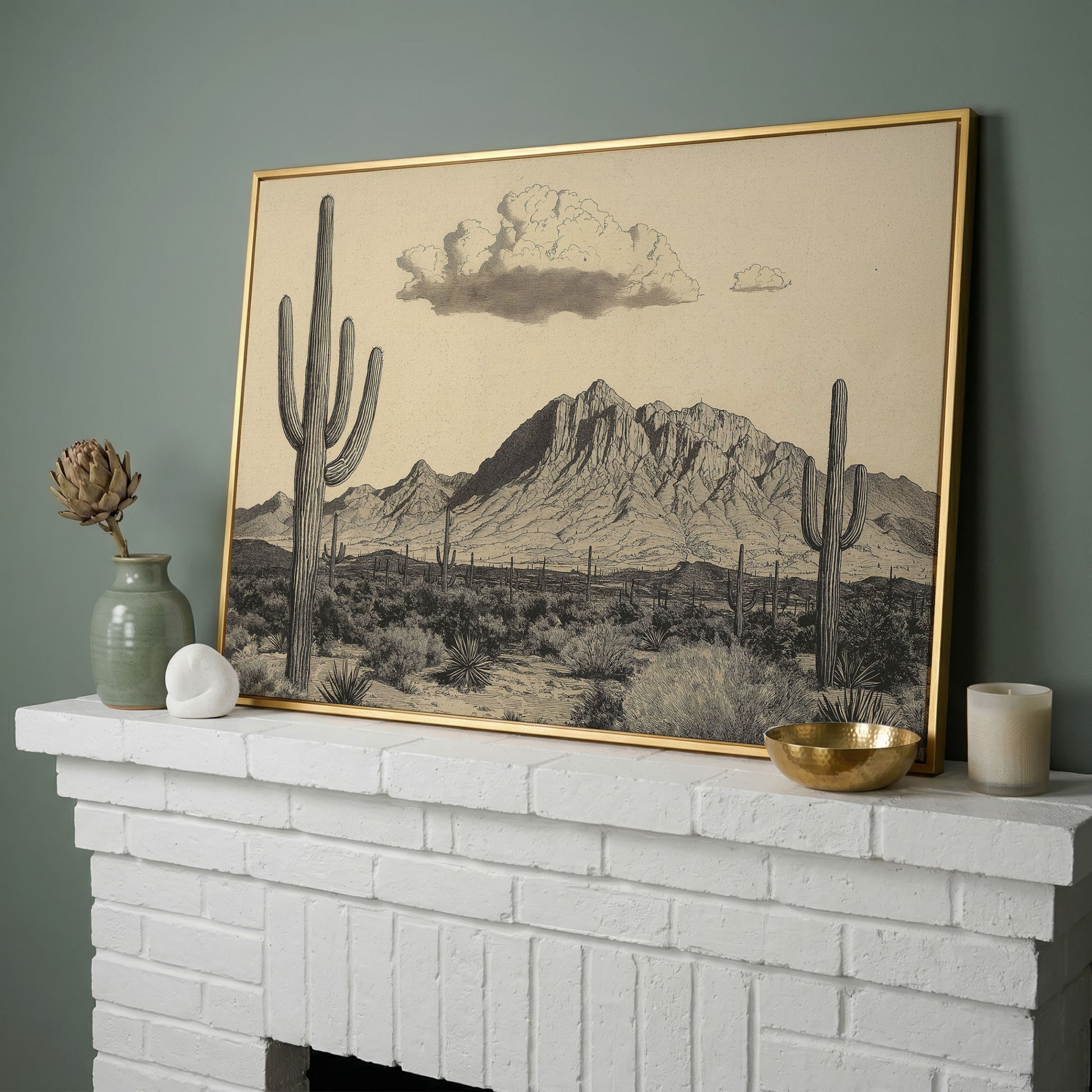 Sonoran Desert Saguaro Landscape Canvas Wall Art in yellow gold floating frame