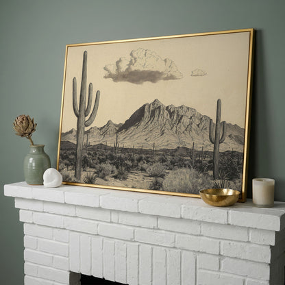 Sonoran Desert Saguaro Landscape Canvas Wall Art in yellow gold floating frame