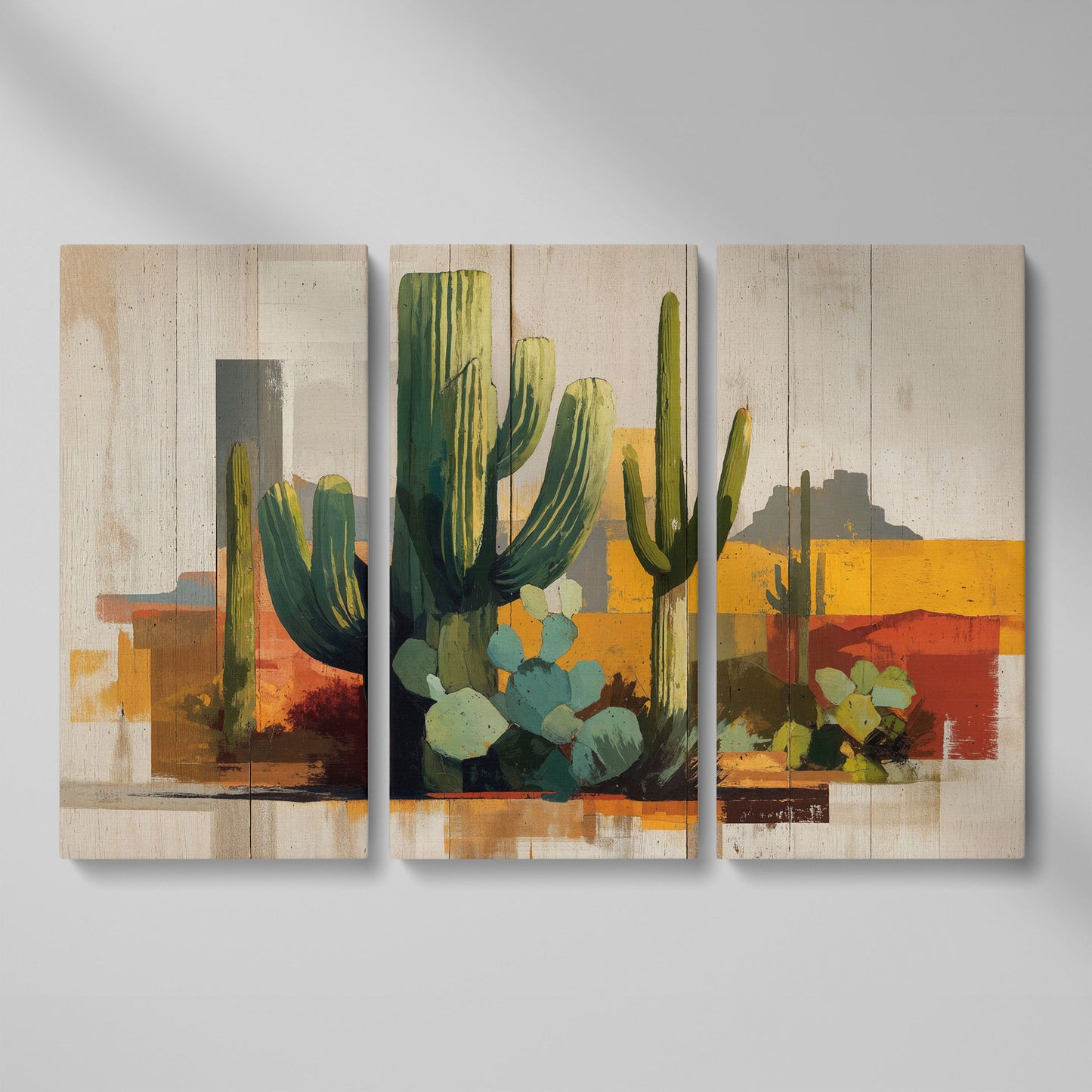 Saguaro Desert Canvas Art, Southwest Cactus Landscape Wall Print as 3-panel split version