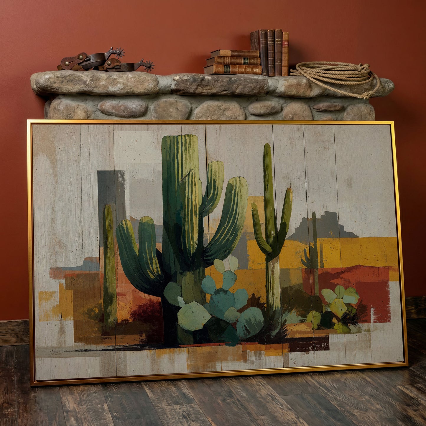 Saguaro Desert Canvas Art, Southwest Cactus Landscape Wall Print in antique gold floating frame