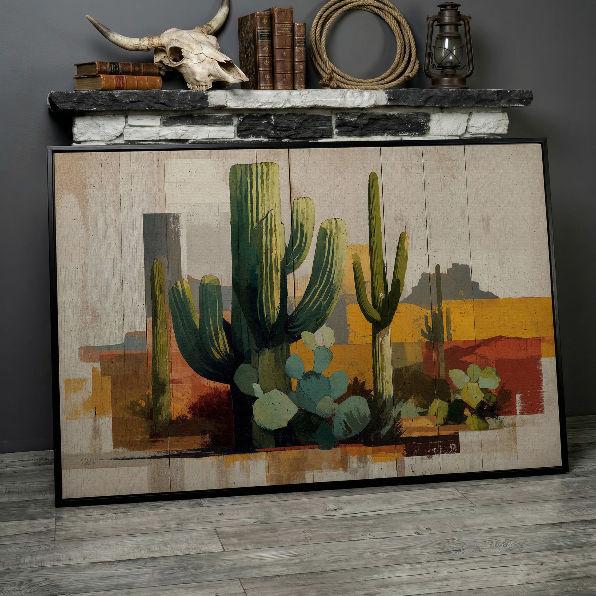 Saguaro Desert Canvas Art, Southwest Cactus Landscape Wall Print in black floating frame