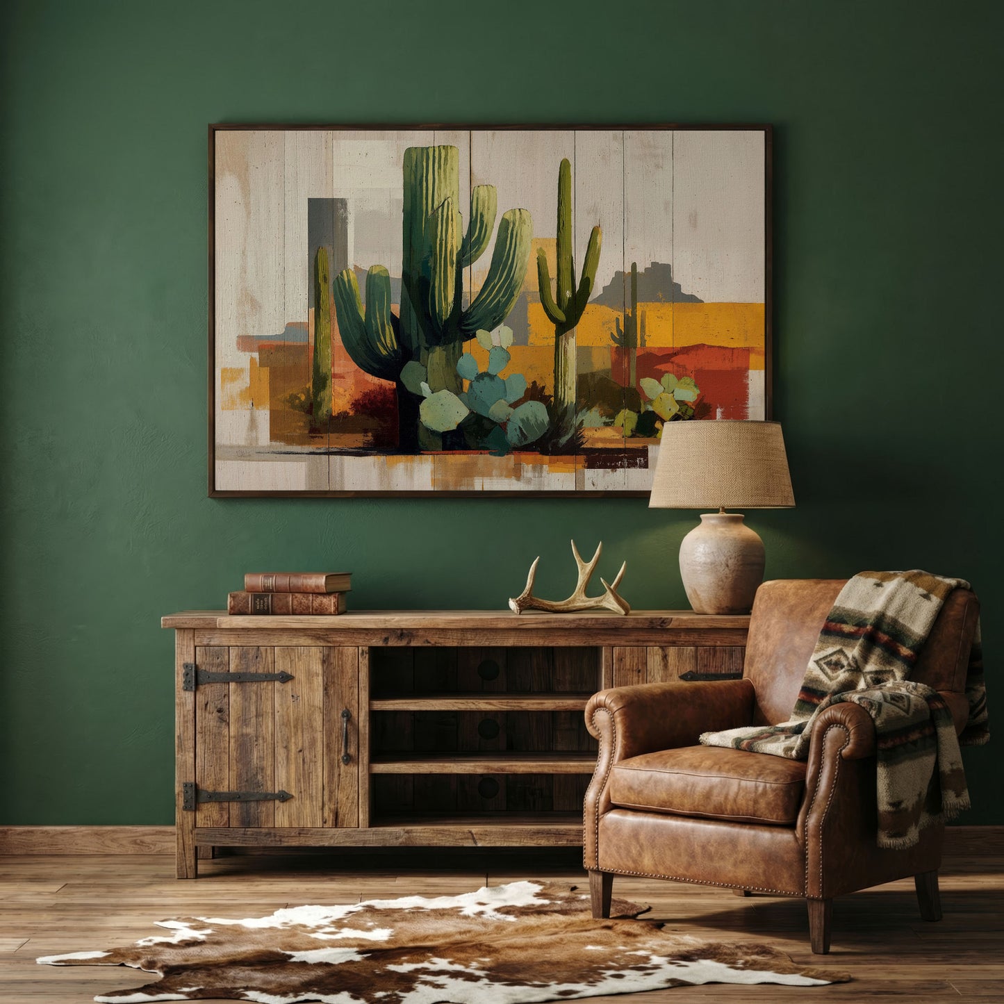 Saguaro Desert Canvas Art, Southwest Cactus Landscape Wall Print in dark walnut floating frame