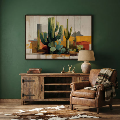 Saguaro Desert Canvas Art, Southwest Cactus Landscape Wall Print in dark walnut floating frame