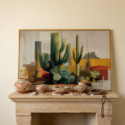 Saguaro Desert Canvas Art, Southwest Cactus Landscape Wall Print in white oak floating frame