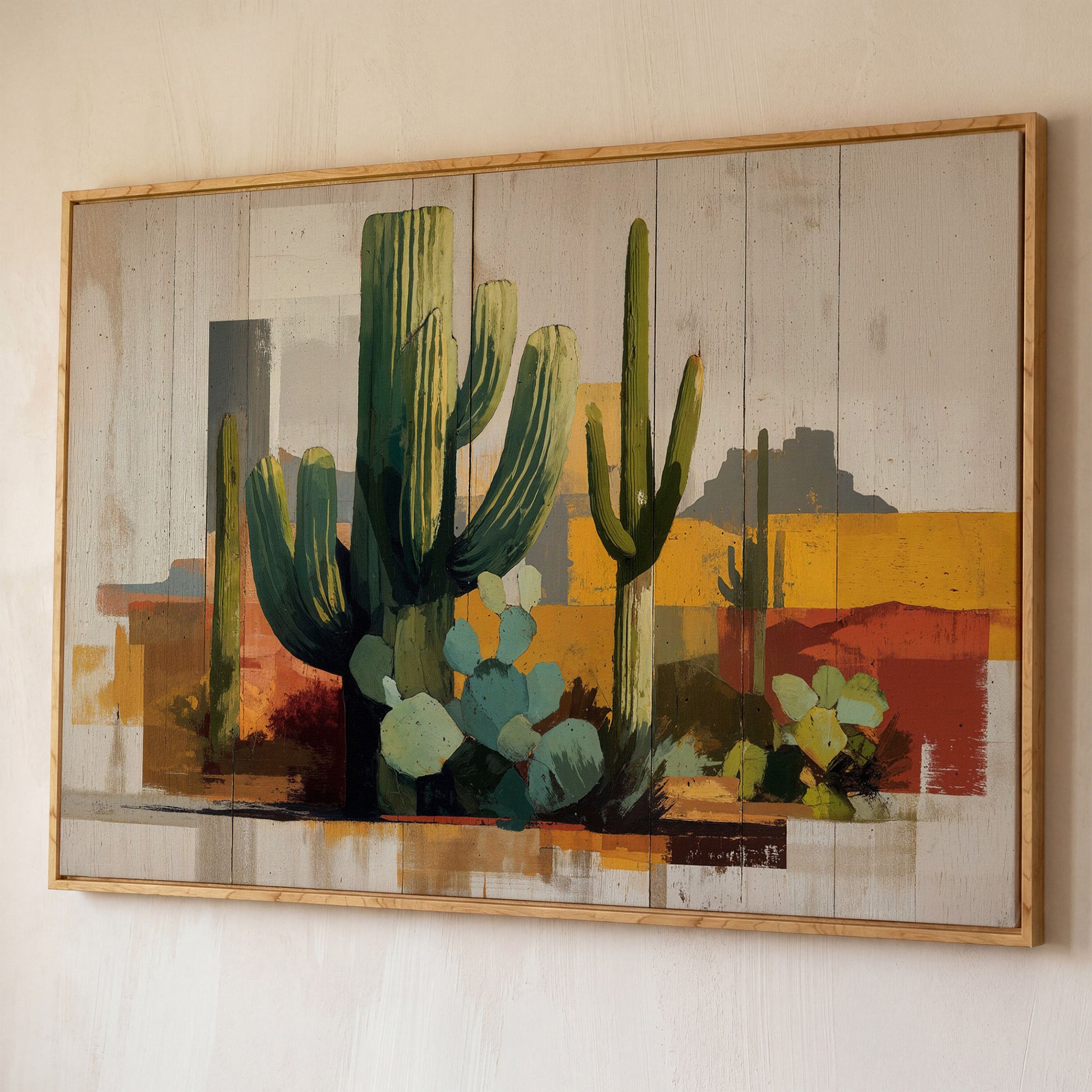Saguaro Desert Canvas Art, Southwest Cactus Landscape Wall Print shown in white oak floating frame