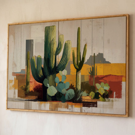 Saguaro Desert Canvas Art, Southwest Cactus Landscape Wall Print shown in white oak floating frame