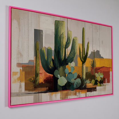 Saguaro Desert Canvas Art, Southwest Cactus Landscape Wall Print in pink floating frame