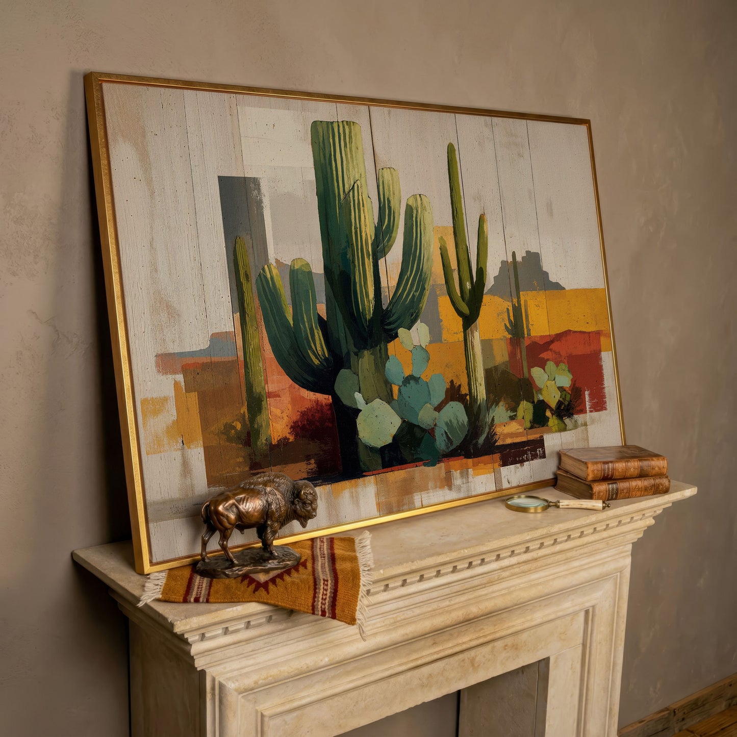 Saguaro Desert Canvas Art, Southwest Cactus Landscape Wall Print in rose gold floating frame