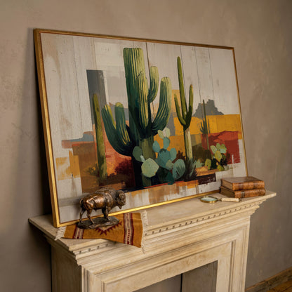 Saguaro Desert Canvas Art, Southwest Cactus Landscape Wall Print in rose gold floating frame