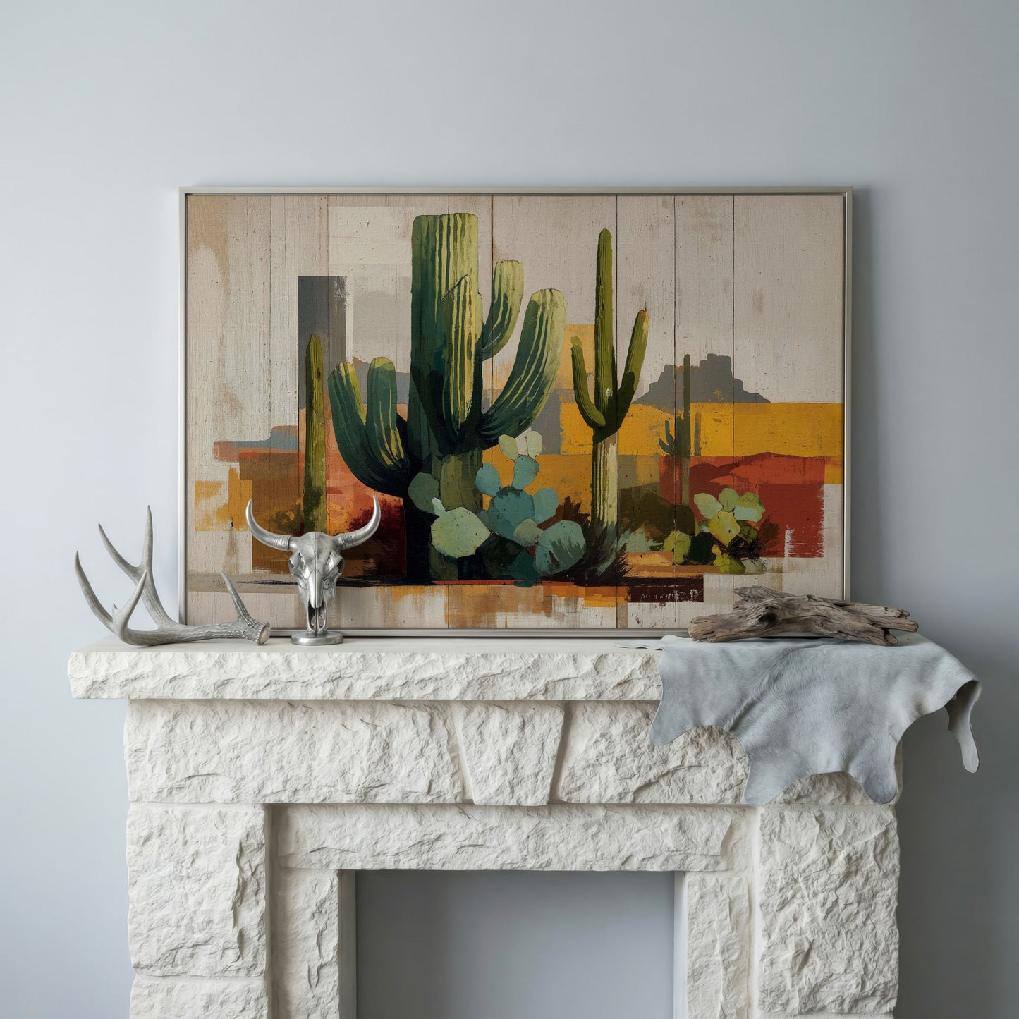 Saguaro Desert Canvas Art, Southwest Cactus Landscape Wall Print in silver floating frame